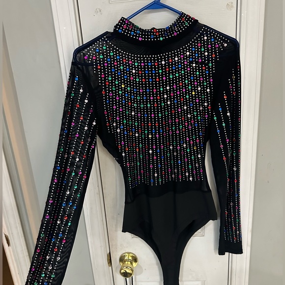 Colorful rhinestone mesh mockneck bodysuit - Picture 4 of 5
